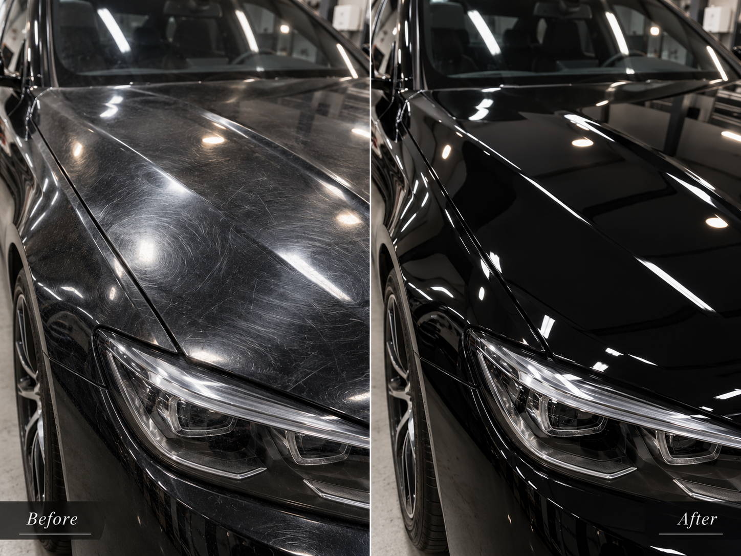 Illustrative composite showing scratched black paint before correction and a glossy finish after correction