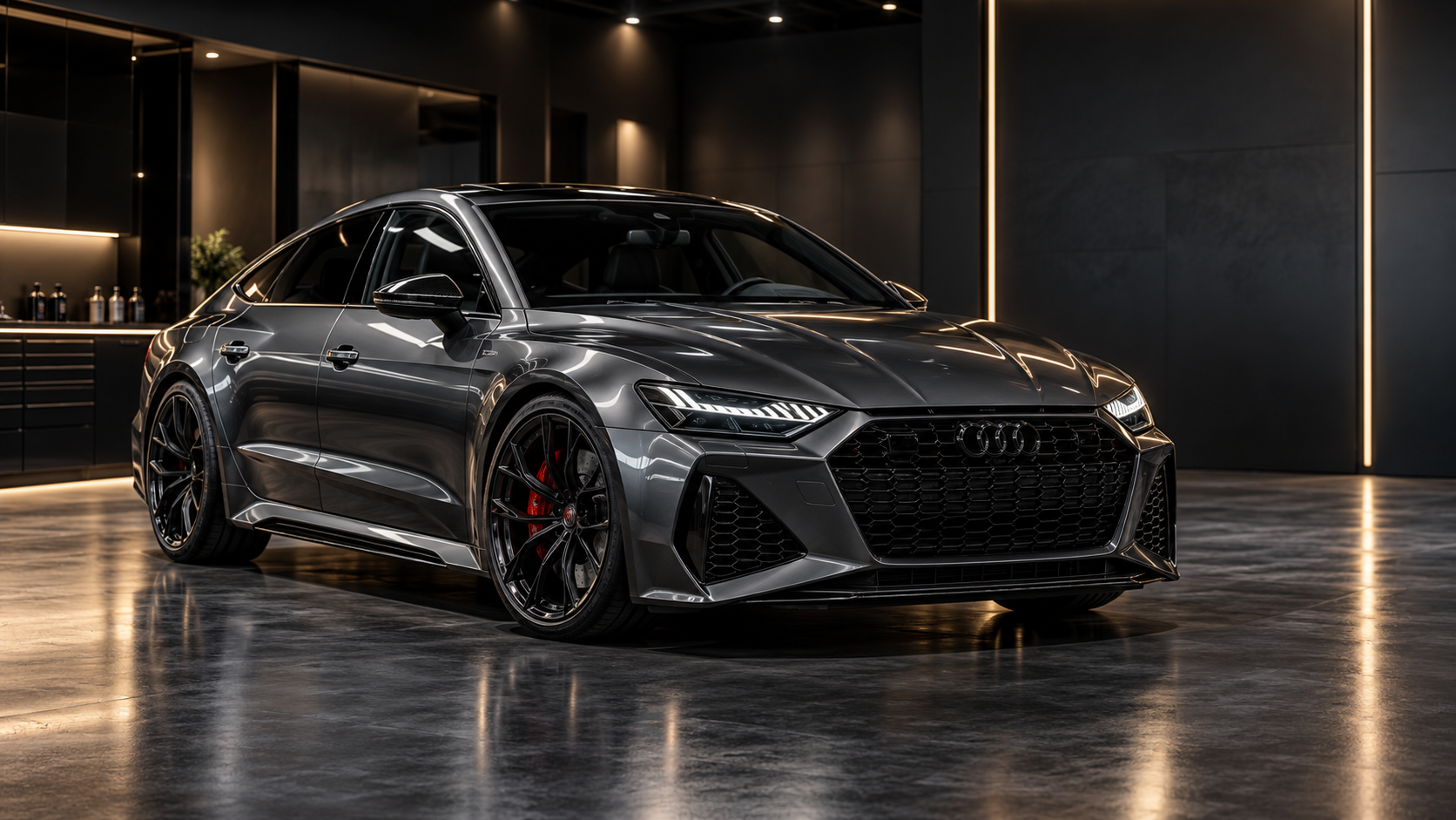 Graphite Audi RS7 in a premium automotive studio