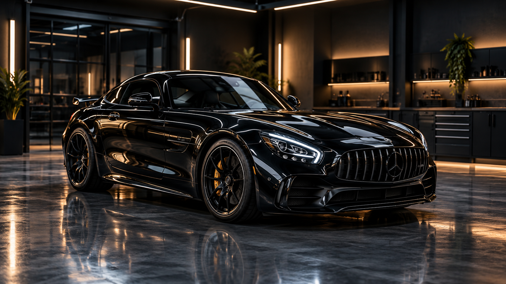 Black Mercedes-AMG in a luxury detailing studio